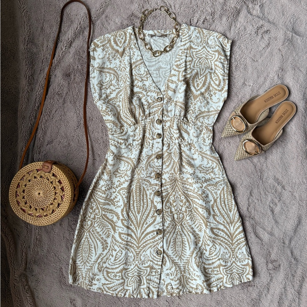 Elegant Cream and Brown Paisley Dress